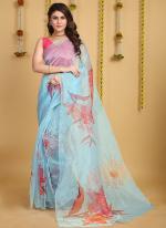 Pure Organza Sky Blue Party Wear Printed Saree